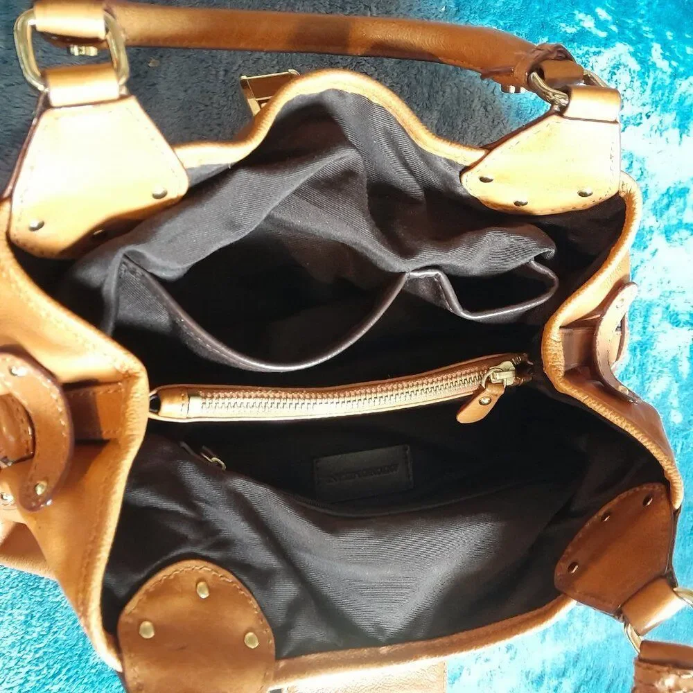 Antonio Melani Tan Leather Satchel Handbag with Gold Hardware Width 12in.